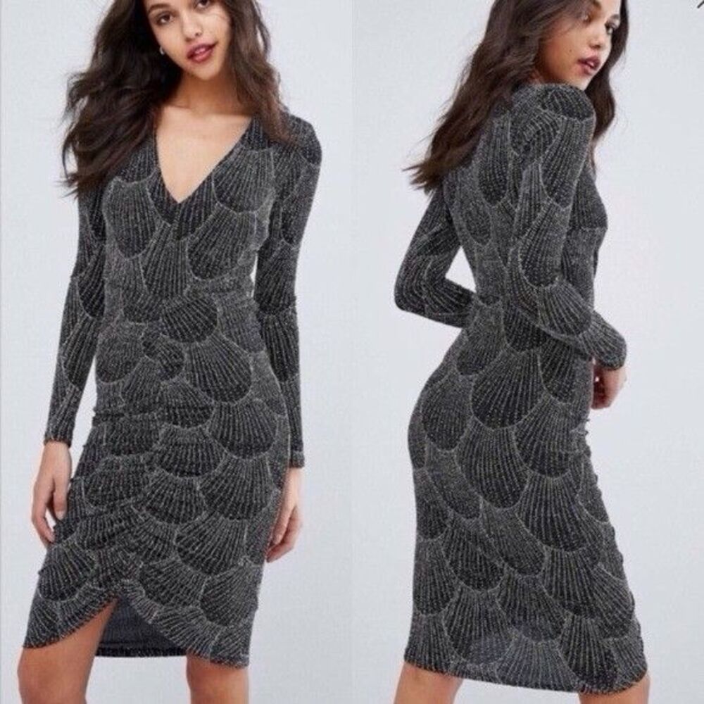 Black Silver sparkly long-sleeve midi dress with a V-neckline gathered ruching 4